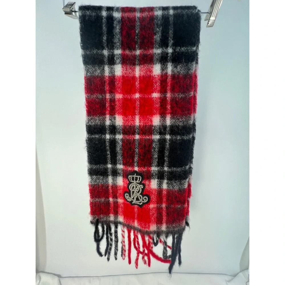 Lauren‎ Ralph Lauren Plaid Scarf Red Black White Monogram Logo Fringe Made Italy